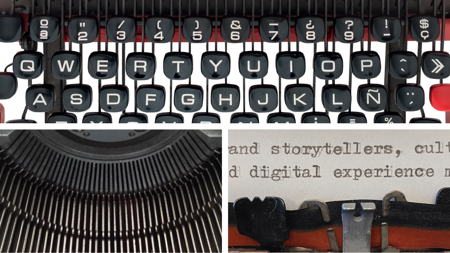 A collage of close-up photos of the red typewriter.