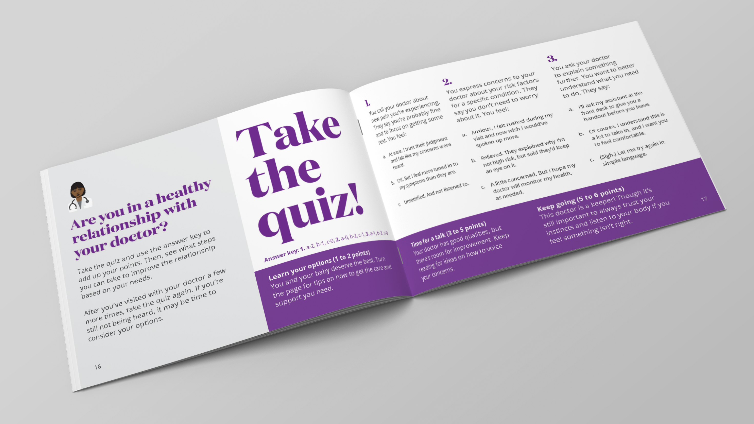 "Take the quiz" heading within the booklet for expecting parents.