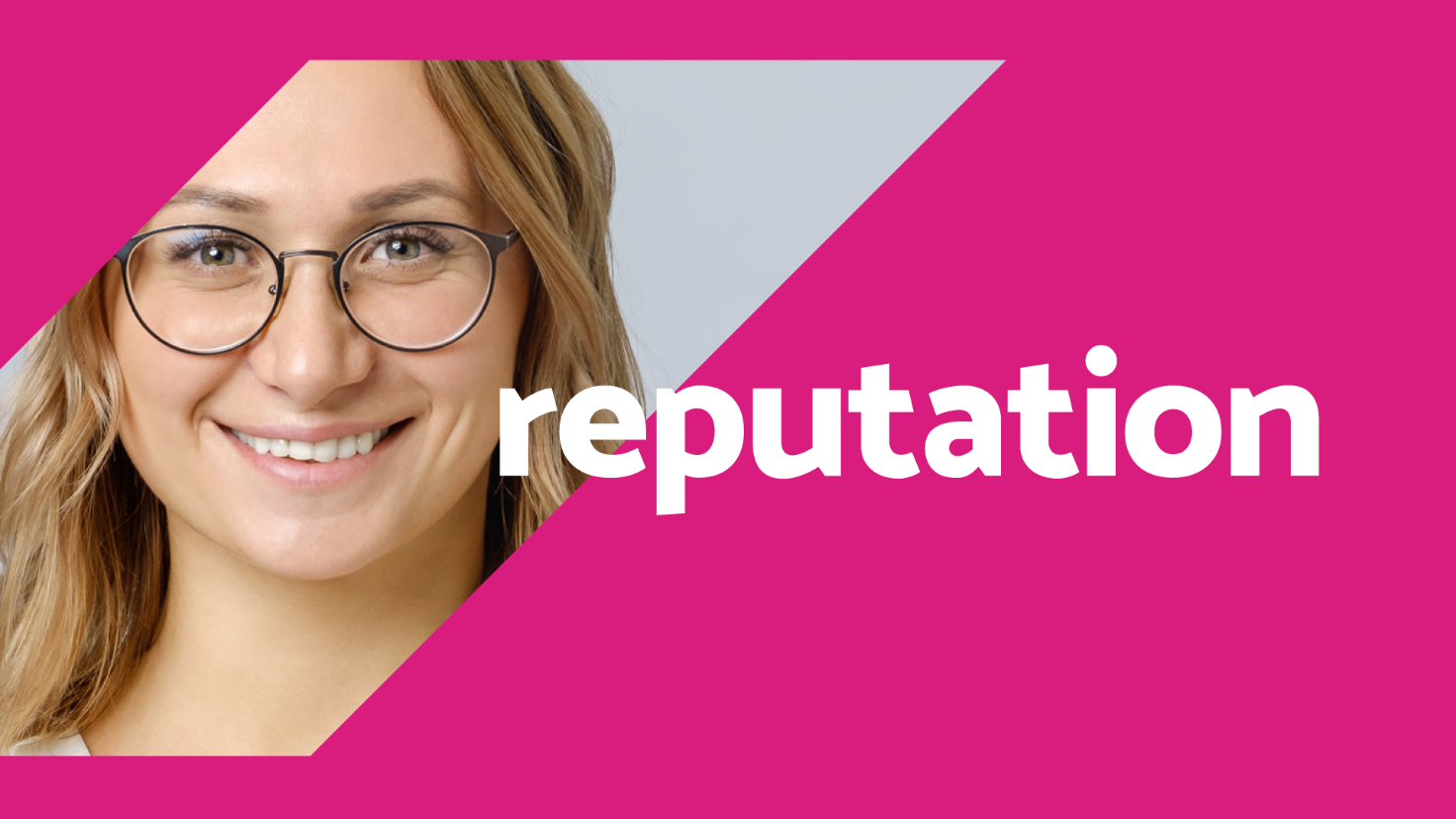 A headshot behind a pink border with the word "reputation" overlaid.