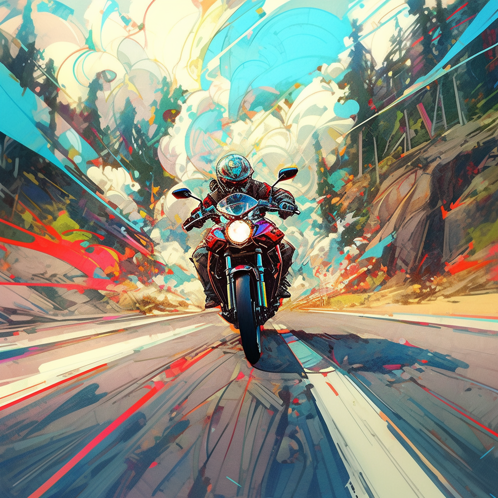 Illustration of motorcyclist driving on a scenic road.