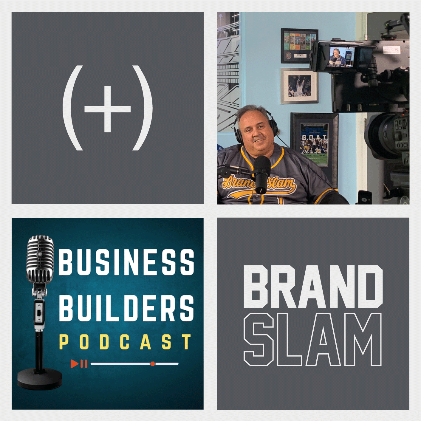 (add)ventures logo, Steve Rosa being filmed for a podcast, Business Builders Podcast logo and Brand Slam podcast logo.