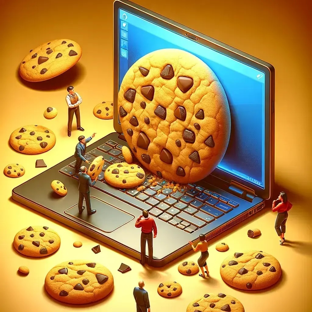 Laptop covered with and surrounded by chocolate chip cookies.