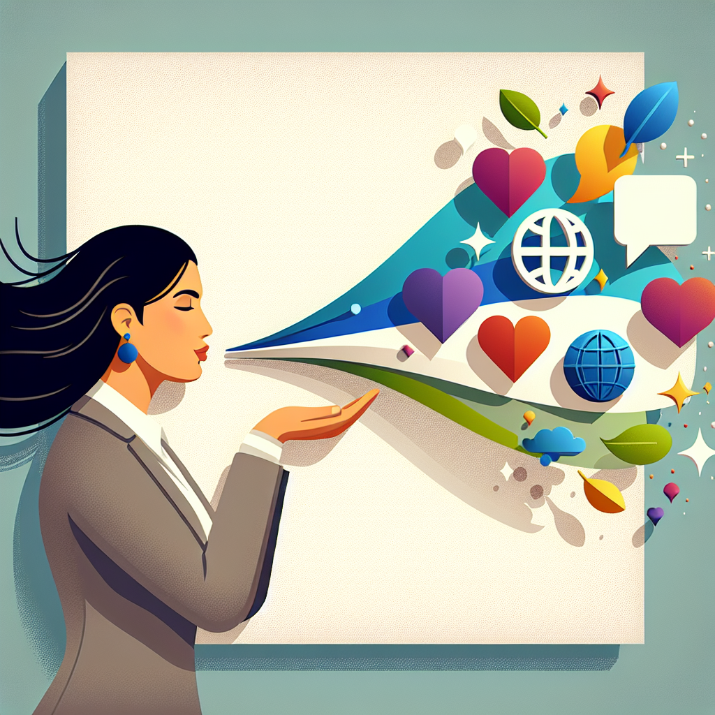 Woman blowing out speech bubble with icons, representing communication and creativity.