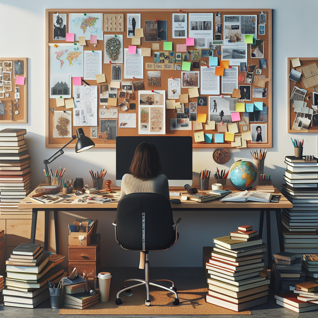 A creative and well-lit workspace with a person at a desk, surrounded by books, art supplies, and an inspiration board.