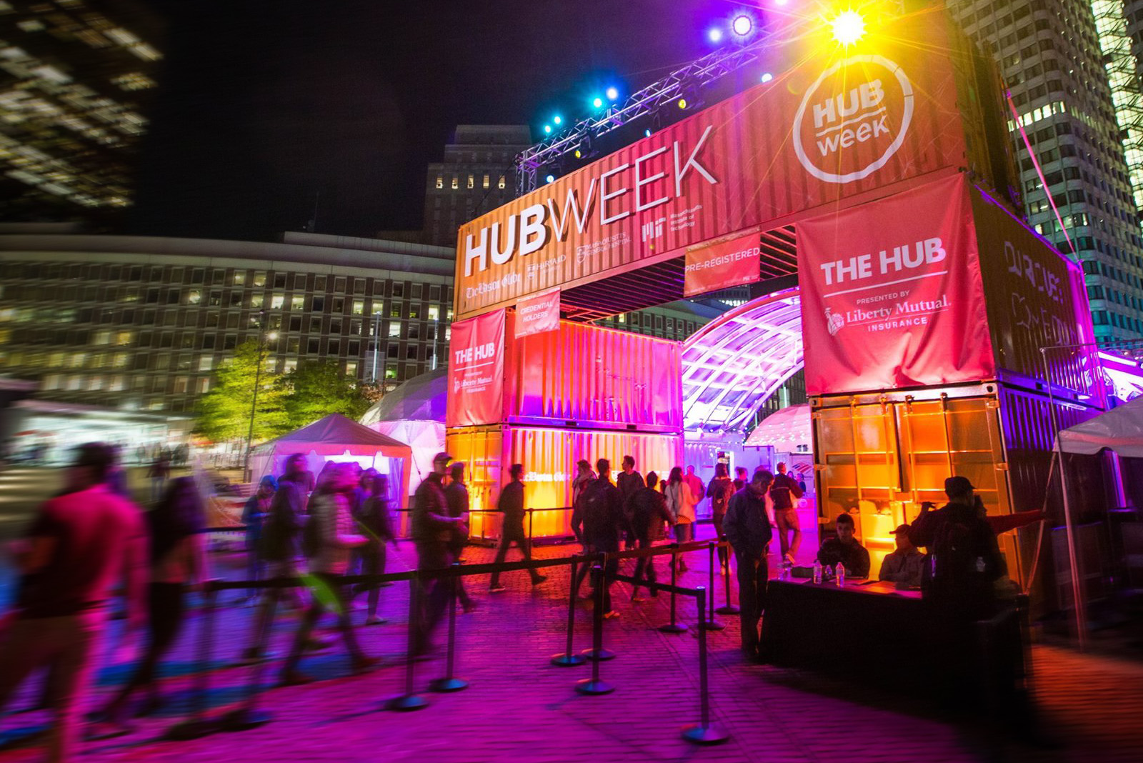 crowd of people walking into creative weeklong festival in Massachusetts known as HUBweek