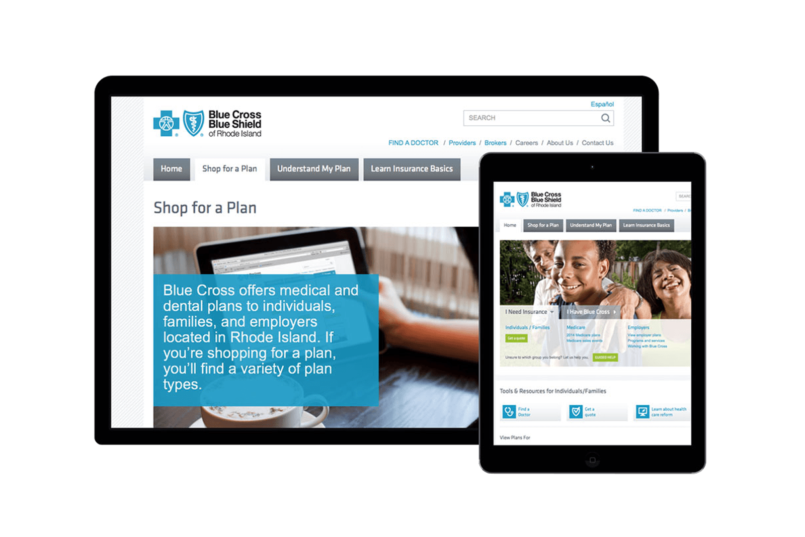 desktop display of new user-friendly Blue Cross and Blue Shield of Rhode Island website featuring shop for a plan tab