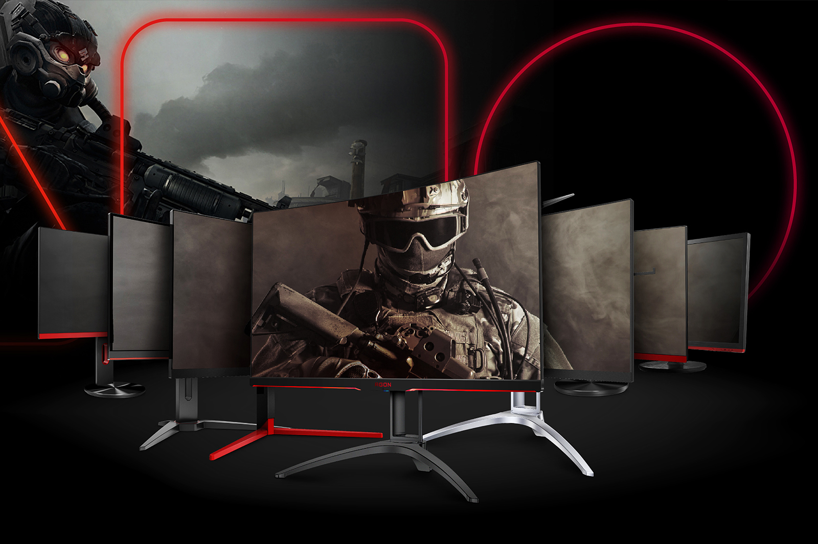 Graphic of seven different AOC monitors with video game graphics and scenery on screen and in background.