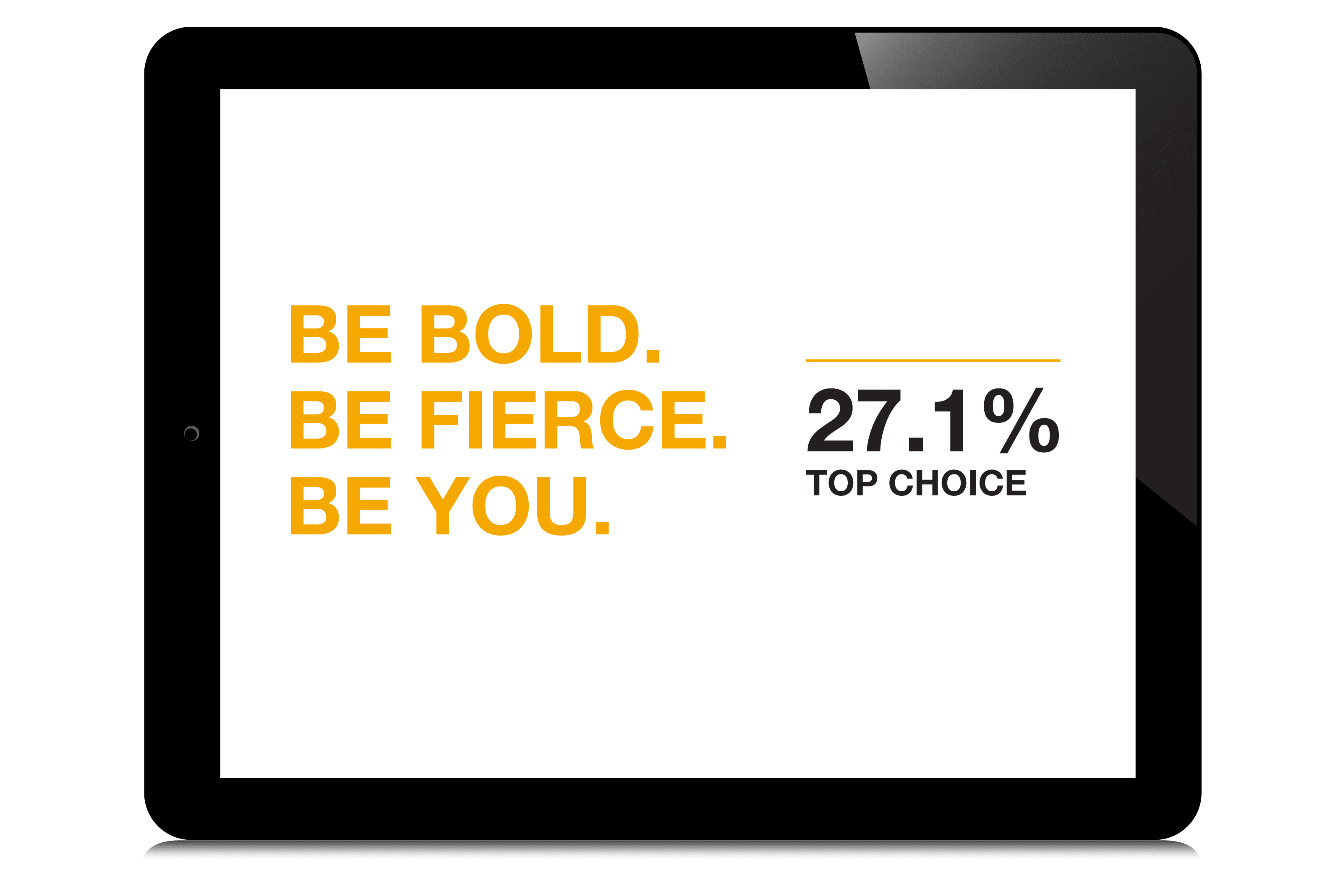 Text on tablet - Be Bold. Be Fierce. Be You. 27.1% Top Choice