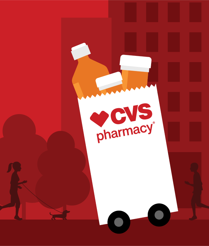 Digital art of three prescription bottles in a CVS Pharmacy bag on wheels.