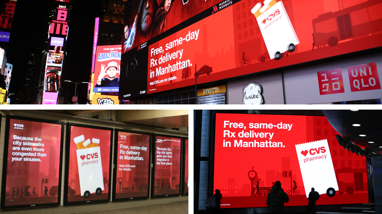 A collage of the TIMES Square digital billboards (add)ventures created.