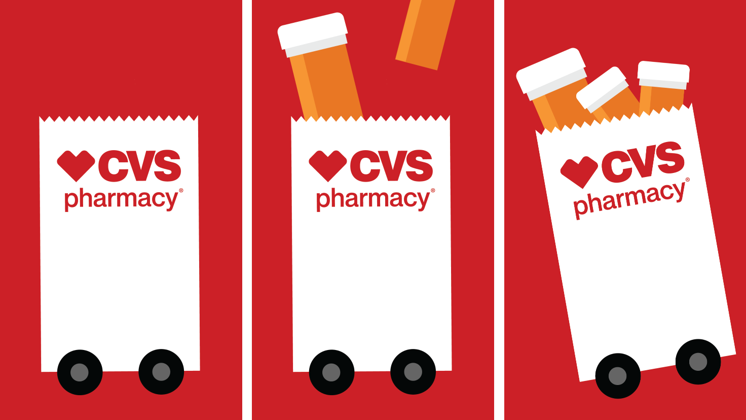 Three digitally created drawings of prescription bottles in a CVS Pharmacy bag on wheels.