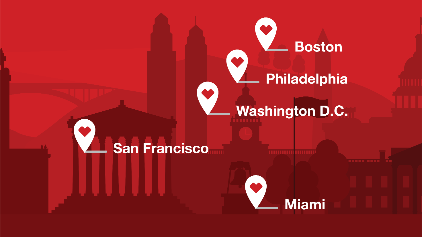 Location pins identifying the cities using CVS Pharmacy delivery.