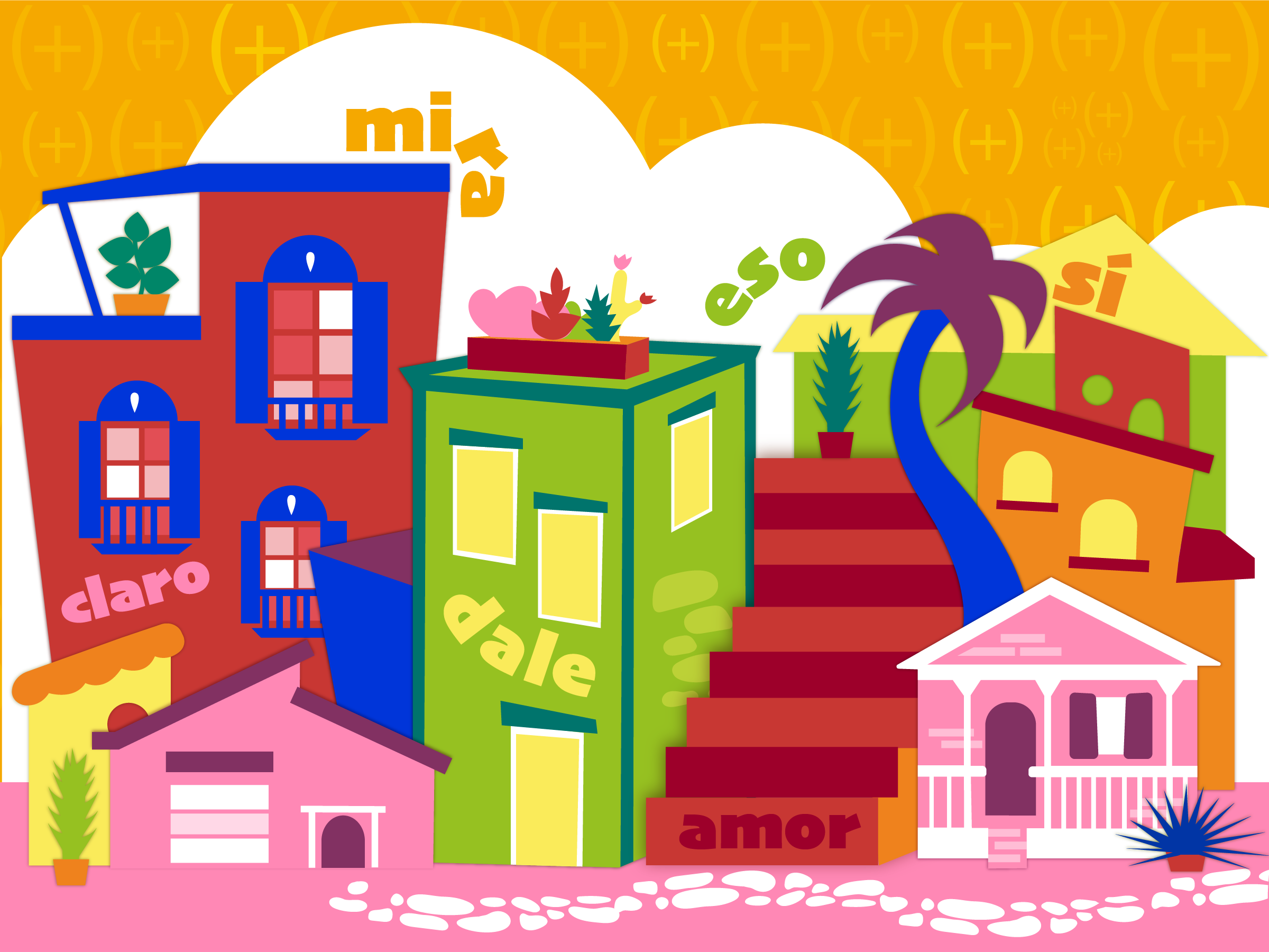 Brightly colored cartoon neighborhood.