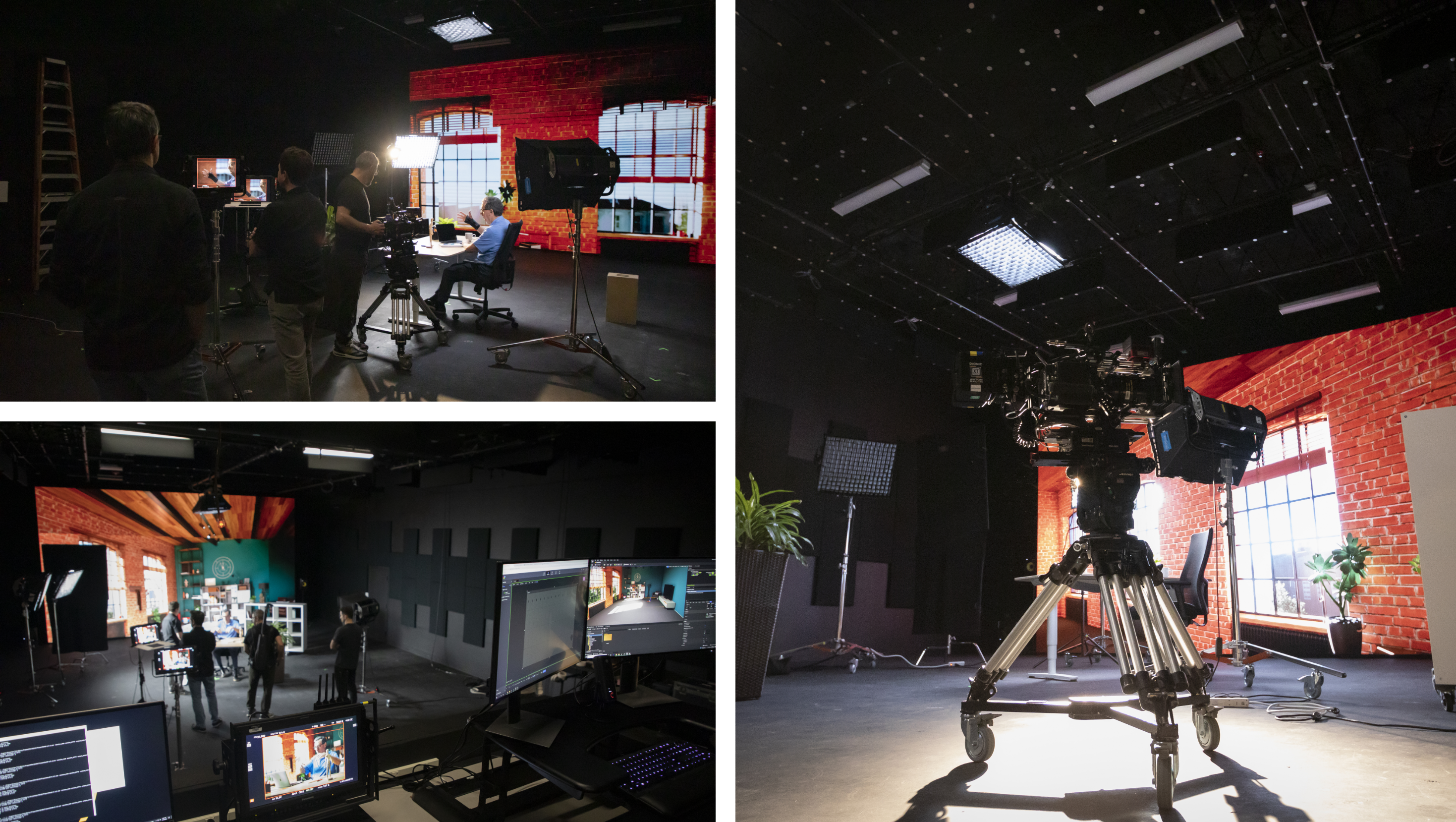 Collage of behind the scenes of a virtual video production
